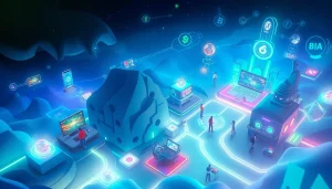 Adegan permainan Birutoto yang menampilkan antarmuka digital berwarna-warni dan pemain online yang terlibat dalam aktivitas mendebarkan, melambangkan inovasi dan kepercayaan.