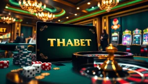 Engaging THABET casino layout showcasing luxurious gaming atmosphere with table games and poker chips.