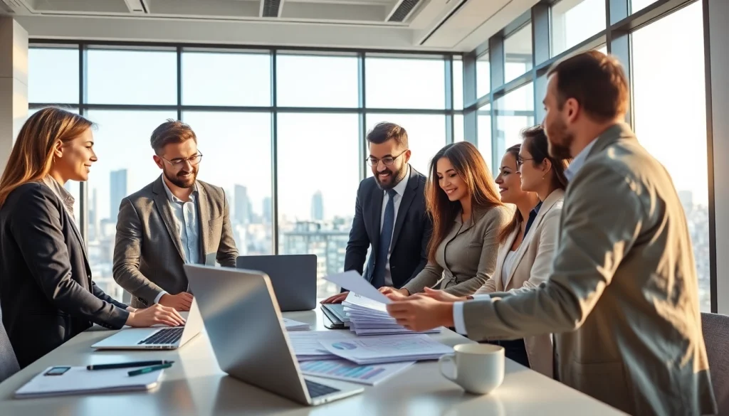 Business team collaborating in a modern office with engaging visuals and bright atmosphere.