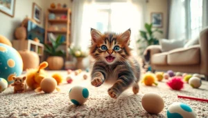 Petani toto bermain dengan kucing lucu di ruang tamu yang cerah.