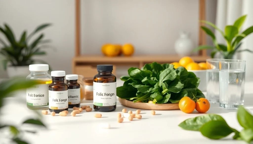 落ち着いたウェルネス空間で、葉酸サプリと葉物野菜を組み合わせた魅力的なディスプレイ。