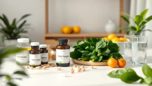 落ち着いたウェルネス空間で、葉酸サプリと葉物野菜を組み合わせた魅力的なディスプレイ。