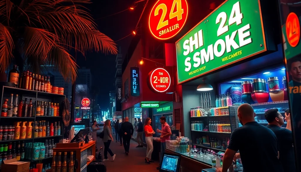 Shop at a 24 Hour Smoke Shop near me Miami, featuring vibrant products and engaging staff in a lively atmosphere.