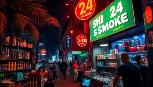 Shop at a 24 Hour Smoke Shop near me Miami, featuring vibrant products and engaging staff in a lively atmosphere.