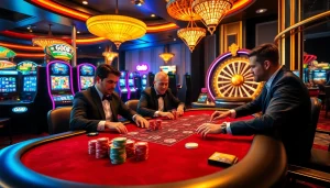 An exciting poker game scene at GO8 casino with vibrant slot machines and luxurious details.
