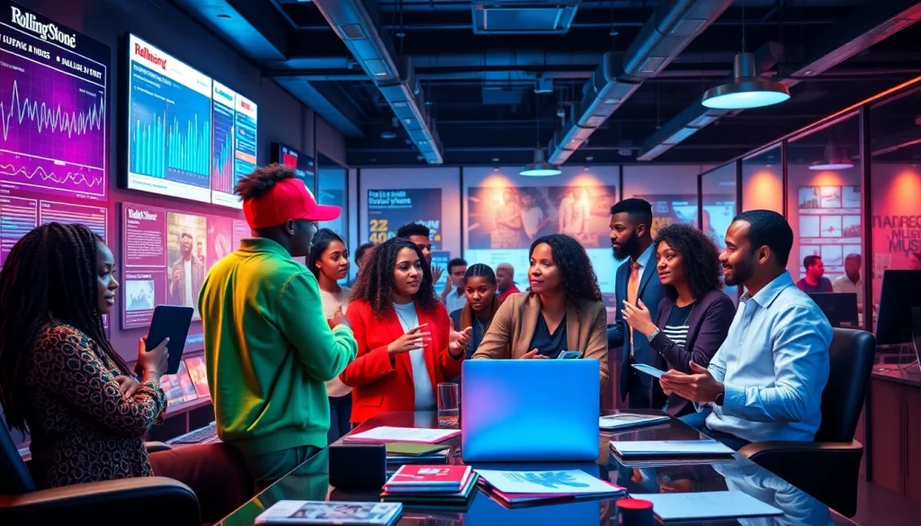 Engaging teamwork at a top hip hop PR agency promoting music growth and fanbase expansion.