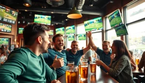 Friends enjoying sports betting in Georgia during a lively game at a bar.