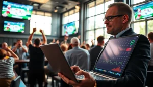 Engaging scene of sports betting in Manitoba with a gambler analyzing odds in a lively environment.