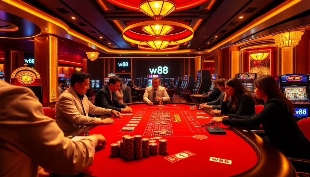 Experience thrilling moments at w88's luxurious casino, with professional dealers and vibrant gaming tables.