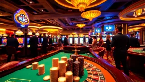 KJC casino scene featuring vibrant slot machines, roulette, and engaged players enjoying gaming.