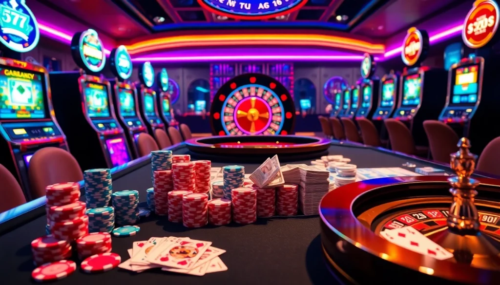 Experience high-stakes poker excitement at 888top with vibrant gaming tables and roulette wheel.