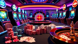Experience high-stakes poker excitement at 888top with vibrant gaming tables and roulette wheel.