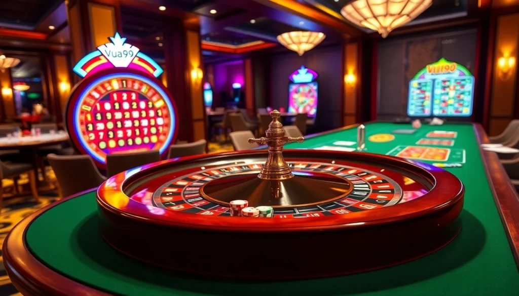 Players enjoying a thrilling game at Vua99's luxurious casino table featuring roulette and cards.