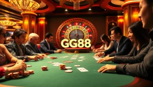 Exciting poker game in a luxurious GG88 casino setting with glamorous players.