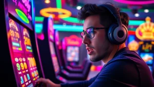 Permainan slot online oleh petani toto dengan suasana kasino yang cerah dan bersemangat.