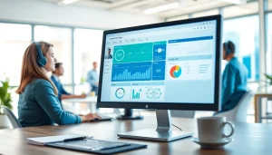 Implement call center software solutions in a modern office setup with collaborating agents.