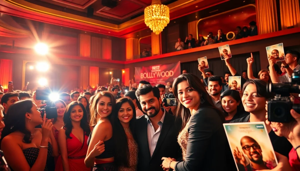Capture the excitement at a Bollywood event showcasing gossip trends on https://theopinionatedindian.com, featuring glamorous stars and enthusiastic fans.