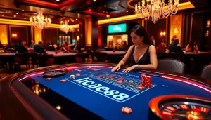 Engaging gamblers at a modern casino table showcasing Lc88's exciting gambling experience.