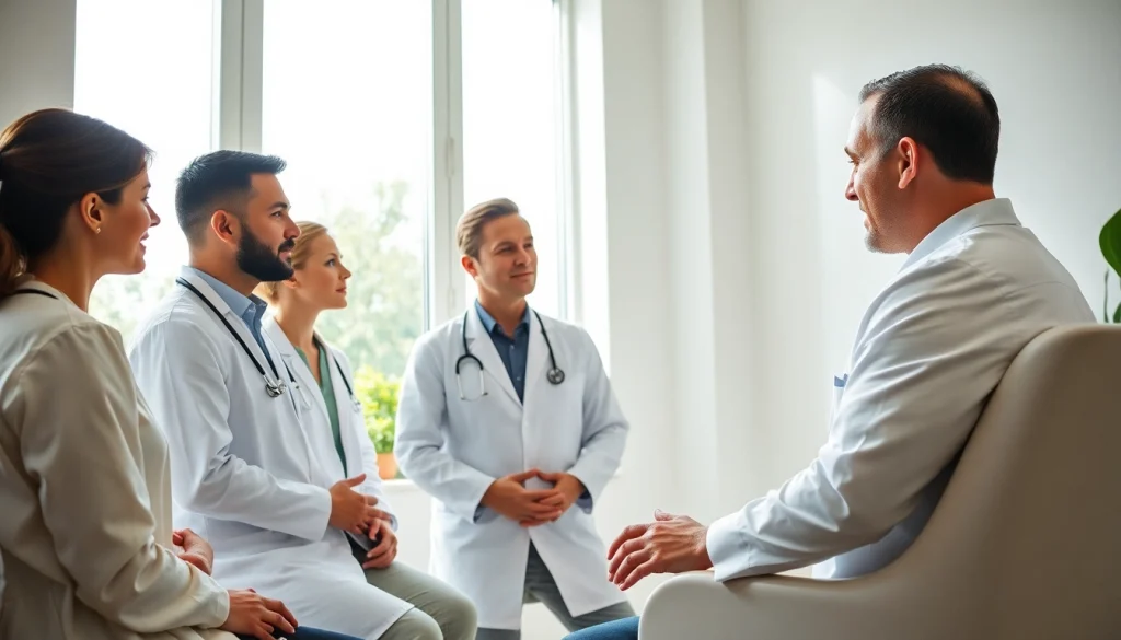 Consultation for a hair transplant london, showcasing professionals advising a patient in a modern clinic.