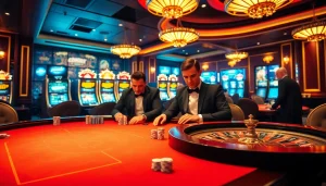 Experience thrilling games at nohu90 with a vibrant casino scene showcasing high-stakes poker and roulette.