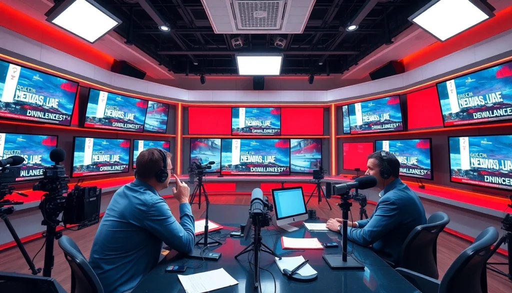 Engaging journalists reporting live news on https://emiratenewsday.com from a high-tech studio environment.