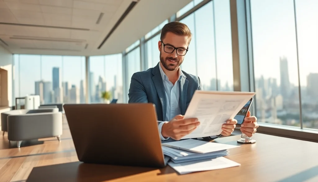 Real Estate agent examining listings in a bright office with city skyline views.