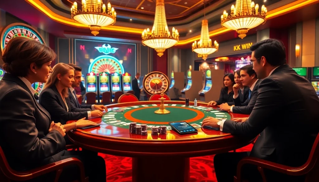 Participants enjoying a game of poker at KK WIN casino, surrounded by luxury and excitement.