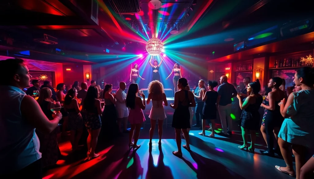Night club SXM atmosphere with vibrant lights, energetic crowd, and elegant performers.