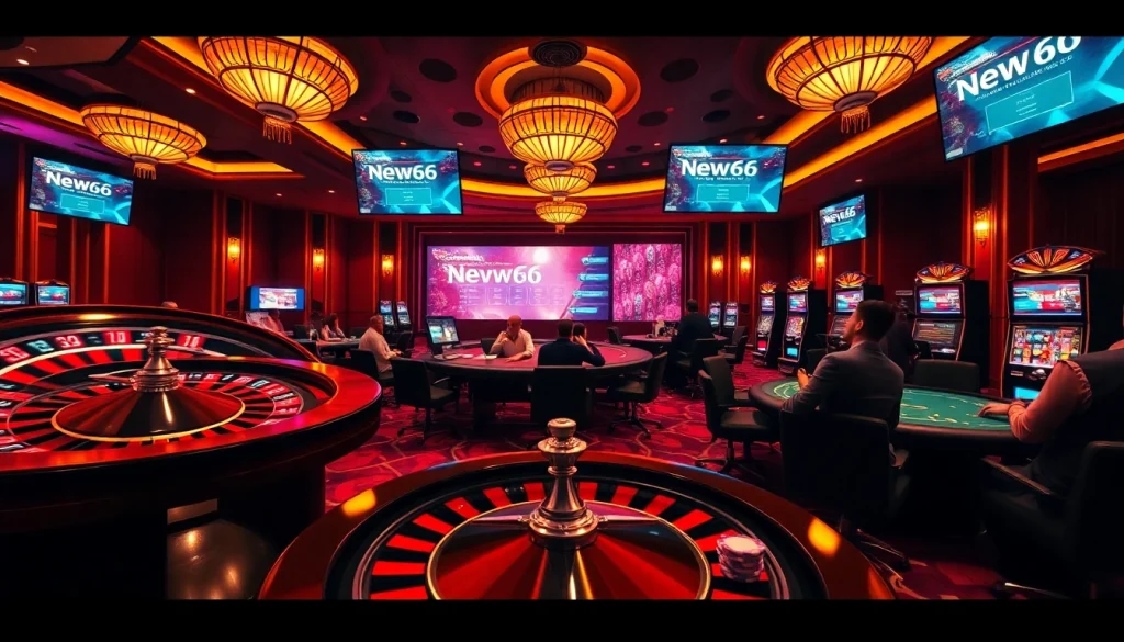 Players enjoying games at New66 casino with vibrant roulette wheels and poker tables.