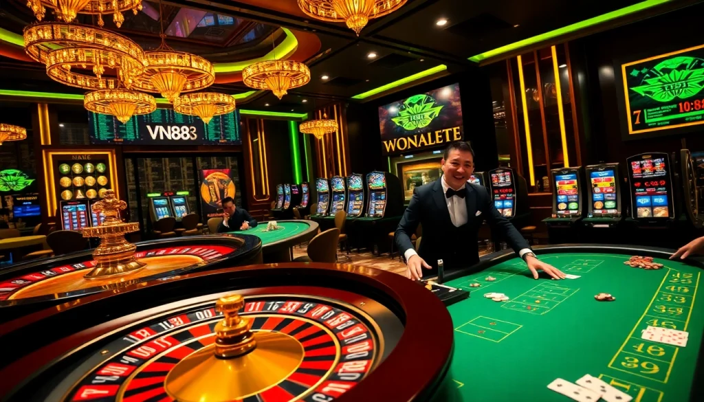 Excited gambler placing bets on the VN88 platform at a luxurious casino setup.