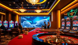 Experience exhilarating gameplay at Nhà cái TOPVIP with sleek tables and vibrant slot machines.