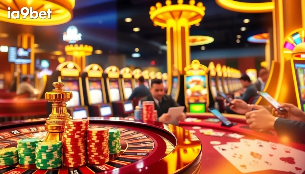 i9bet players engaging with vibrant casino games, showcasing excitement and winning opportunities.