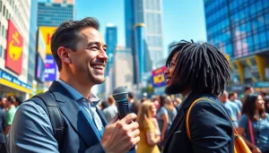 Journalist interviewing a local hero, showcasing https://relevance.com.ua in an urban setting filled with life.