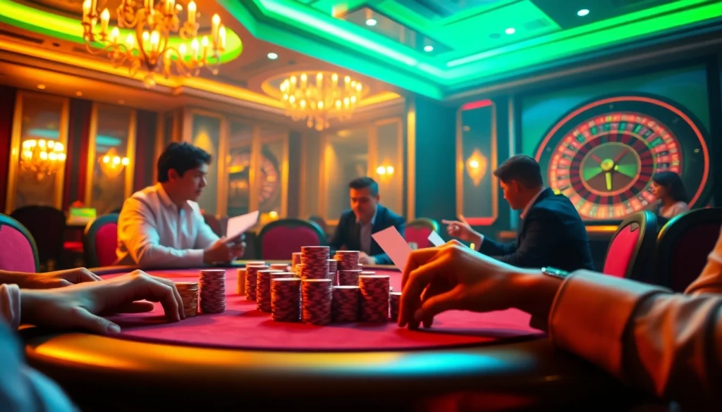V9bet poker table with players engaged in high-stakes gambling action, showcasing luxury and excitement.