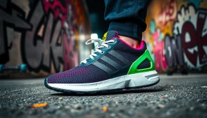 Mettre en valeur adidasfluxpascher.fr avec une paire de sneakers Adidas Flux dans un cadre urbain dynamique.