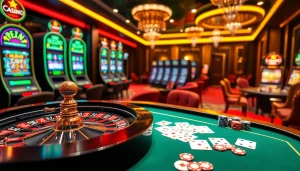 Action-packed gambling scene featuring luongsontv branding with poker chips and a roulette wheel.