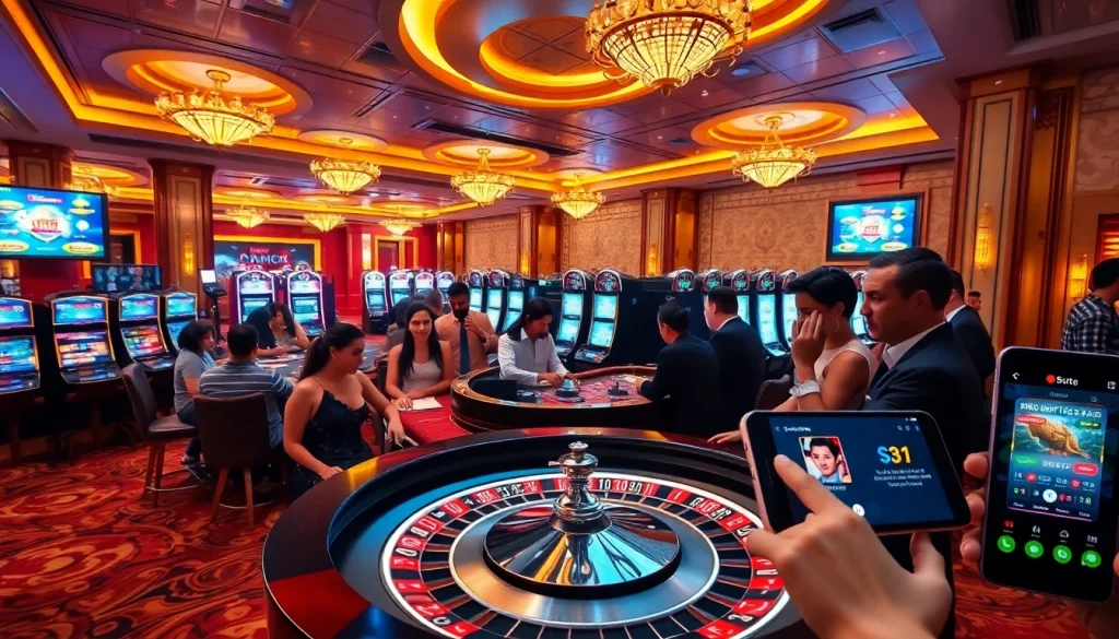 Excited gamblers at a vibrant casino during Đăng Ký S8, placing bets at roulette and enjoying slot machines.