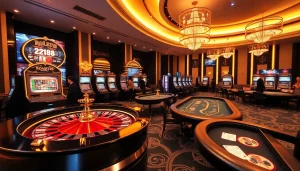 XX88 players engaging with an online casino, surrounded by luxury roulette wheels and slot machines.