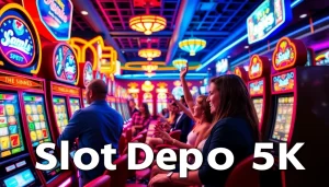 Mainkan slot depo 5k dalam lingkungan kasino yang ramai dan berwarna, menunjukkan energi dan kesenangan.