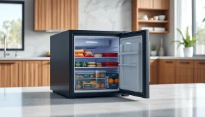 Organize frozen foods in a stylish mini freezer in a modern kitchen setting.