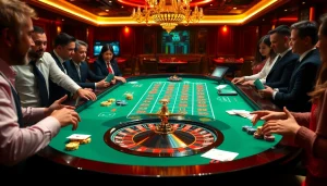 S8 casino table action with vibrant chips and players, capturing the thrill of gambling.
