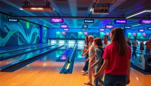 Bowling equipment manufacturer showcasing advanced bowling lanes and pinsetters in a vibrant alley.