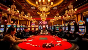 Experience thrilling gameplay at XN88's vibrant casino tables featuring poker chips and high-stakes gaming.