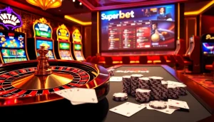 Superbet gaming scene with roulette wheel, vibrant slots, and poker chips in luxurious casino