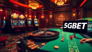Experience thrilling gameplay at 5GBET casino with vibrant slot machines and a roulette wheel.