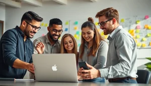 Team collaborating on app development ideas in a vibrant office environment.