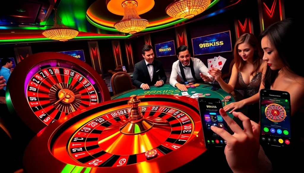 Experience excitement at a 918kiss casino with vibrant roulette wheels and eager players.