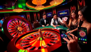 Experience excitement at a 918kiss casino with vibrant roulette wheels and eager players.
