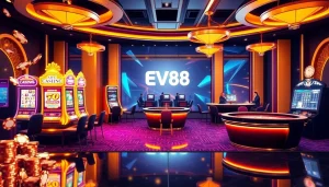 Experience excitement with the App EV88 in a vibrant online casino setting featuring luxury elements.