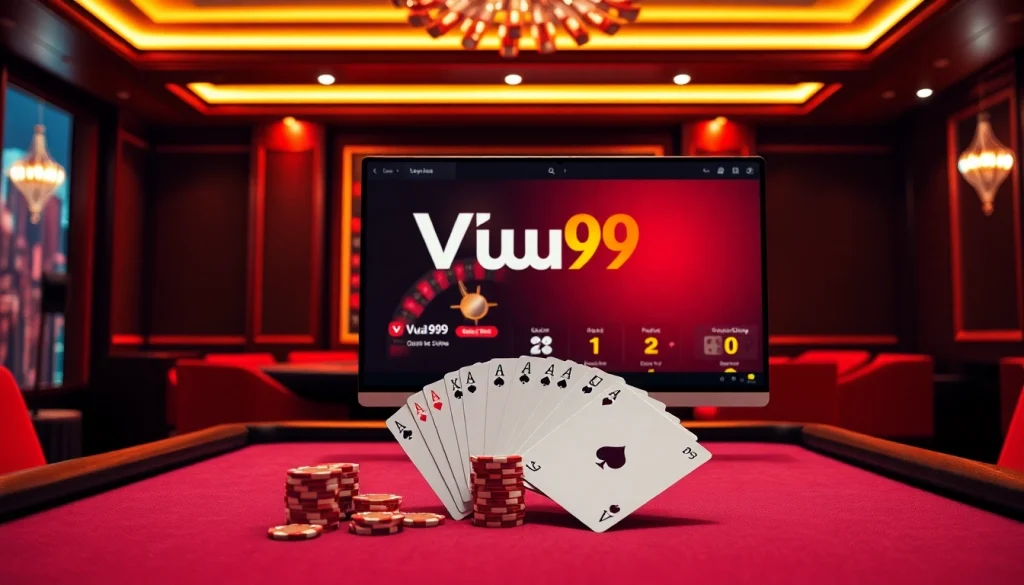 Experience the luxury of Vua99 online casino with dynamic gaming tables and vibrant poker chips.